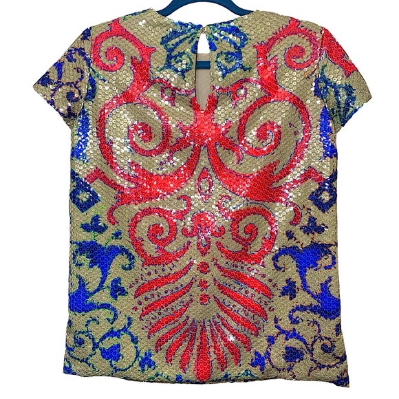 Sequin Shirt Blouse Tan Red Blue Baroque Sz 40 Short Sleeve Crew Party Event Top - Picture 2 of 16